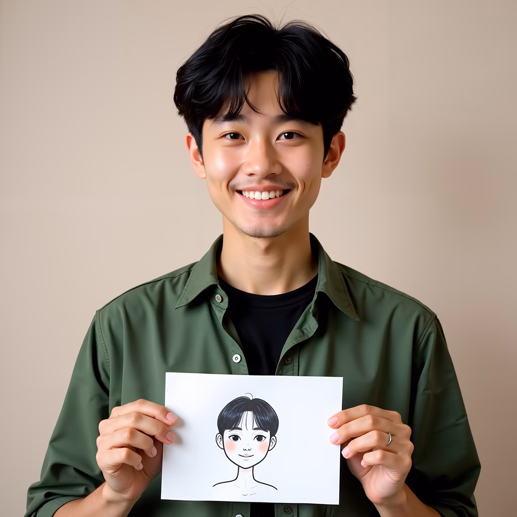 Man proudly displaying a hand-drawn self-portrait against a neutral background.