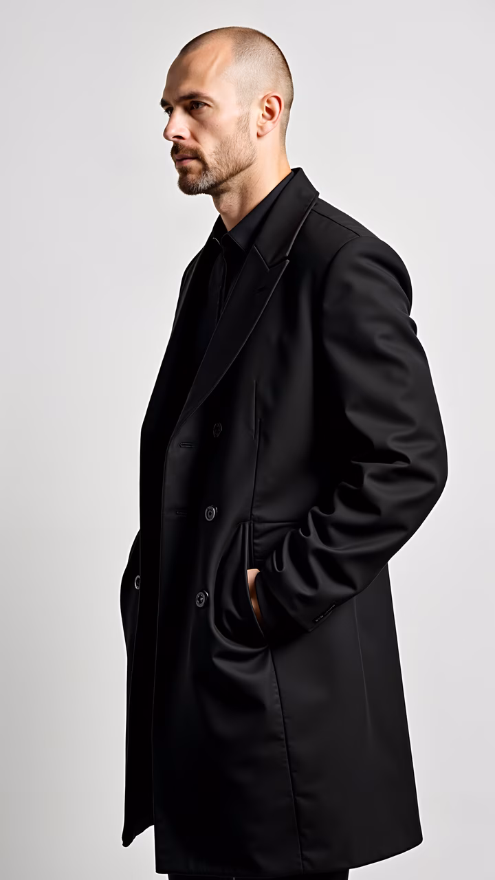Minimalist portrait of a man in a black coat against a white background.