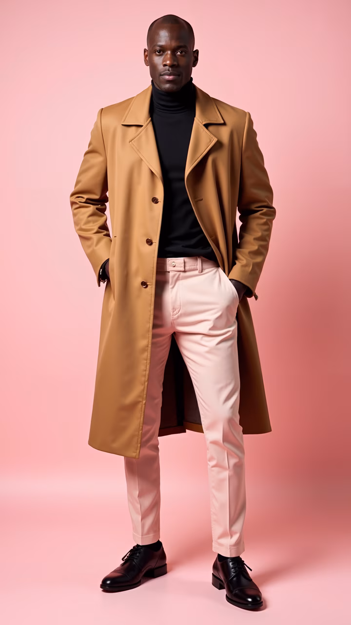 Confidently dressed man in camel coat and pink trousers on a pink background.