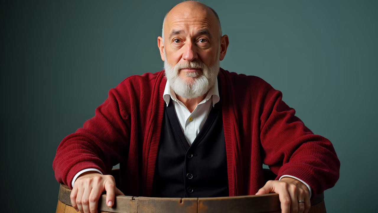 A man in a red sweater seated by a wooden barrel against a dark teal backdrop.