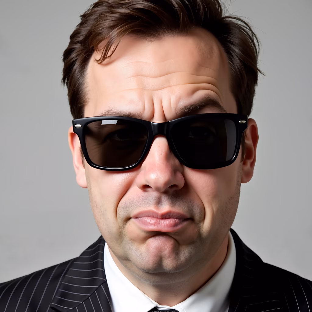 Close-up portrait of a man in a suit making a silly face against a neutral background.