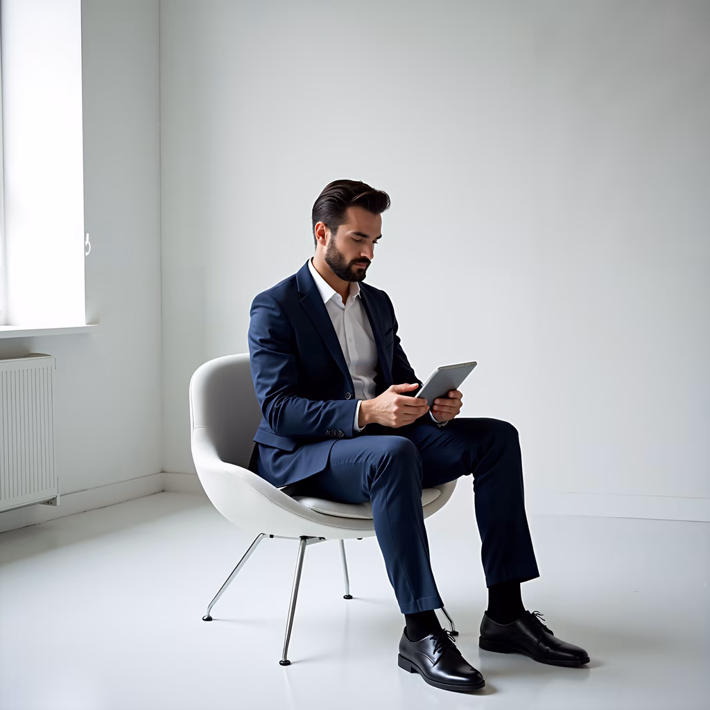 Man in formal attire reading tablet in minimalist setting