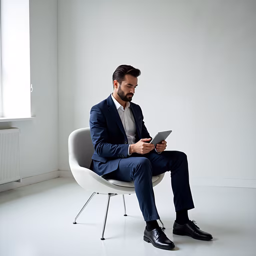 Man in Suit Reading Tablet