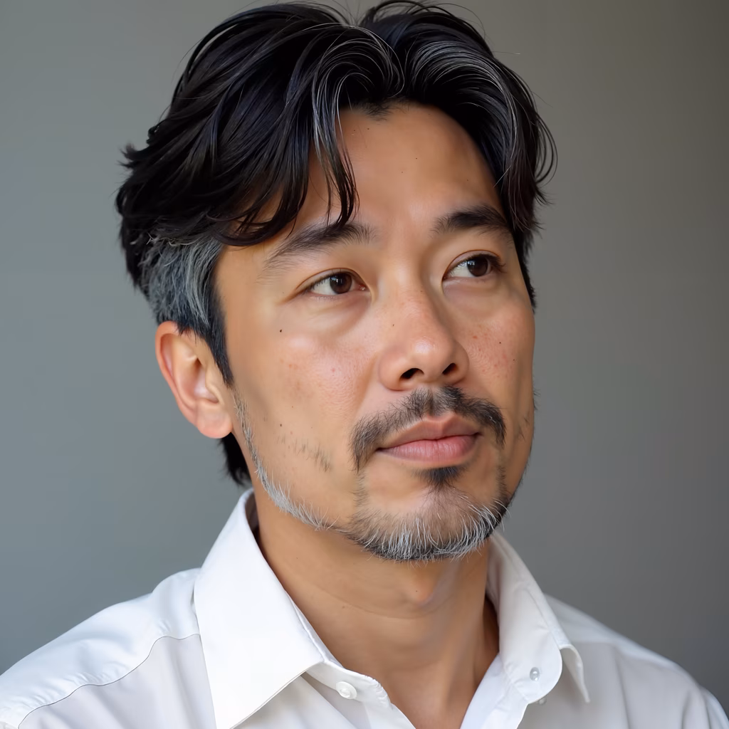 Close-up portrait of a man in a white shirt against a neutral gray background.