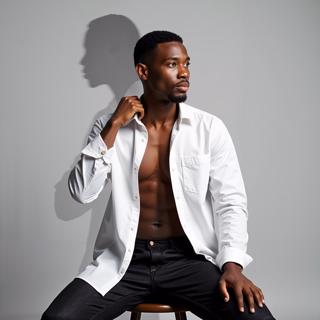 Confident man in stylish white shirt against a minimalist backdrop.