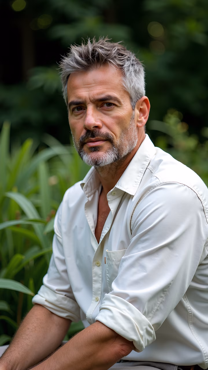 Man in white shirt, sitting in nature, serene portrait.