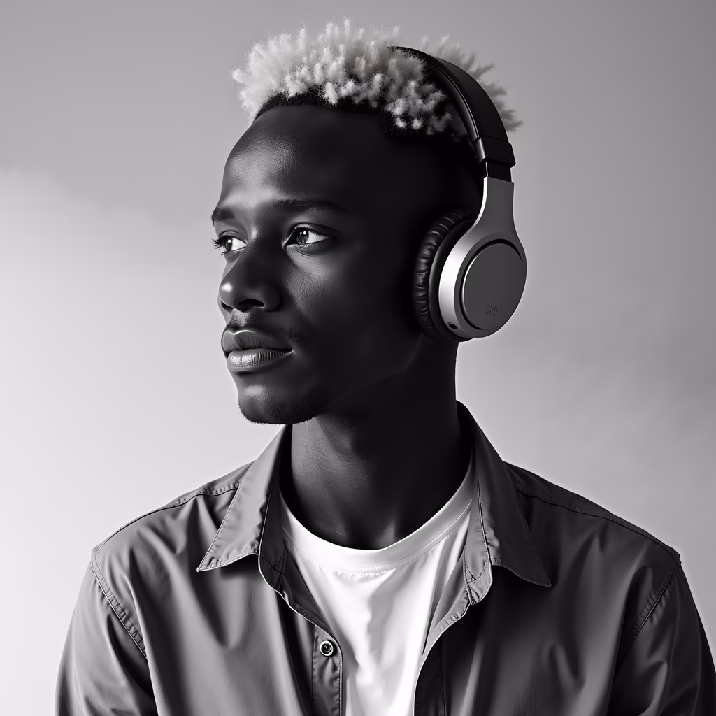 Black-and-white portrait of a man listening intently to music.