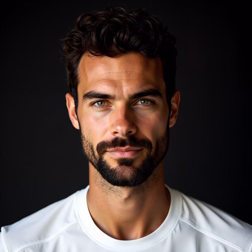 Close-up portrait of a man with curly hair and a beard, wearing a white shirt, set against a dark background.