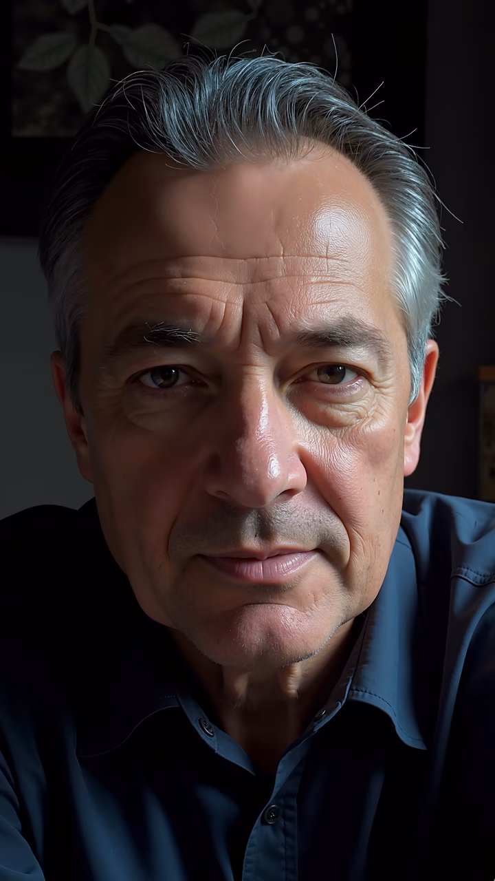 Close-up portrait of a man with gray hair and a calm expression.