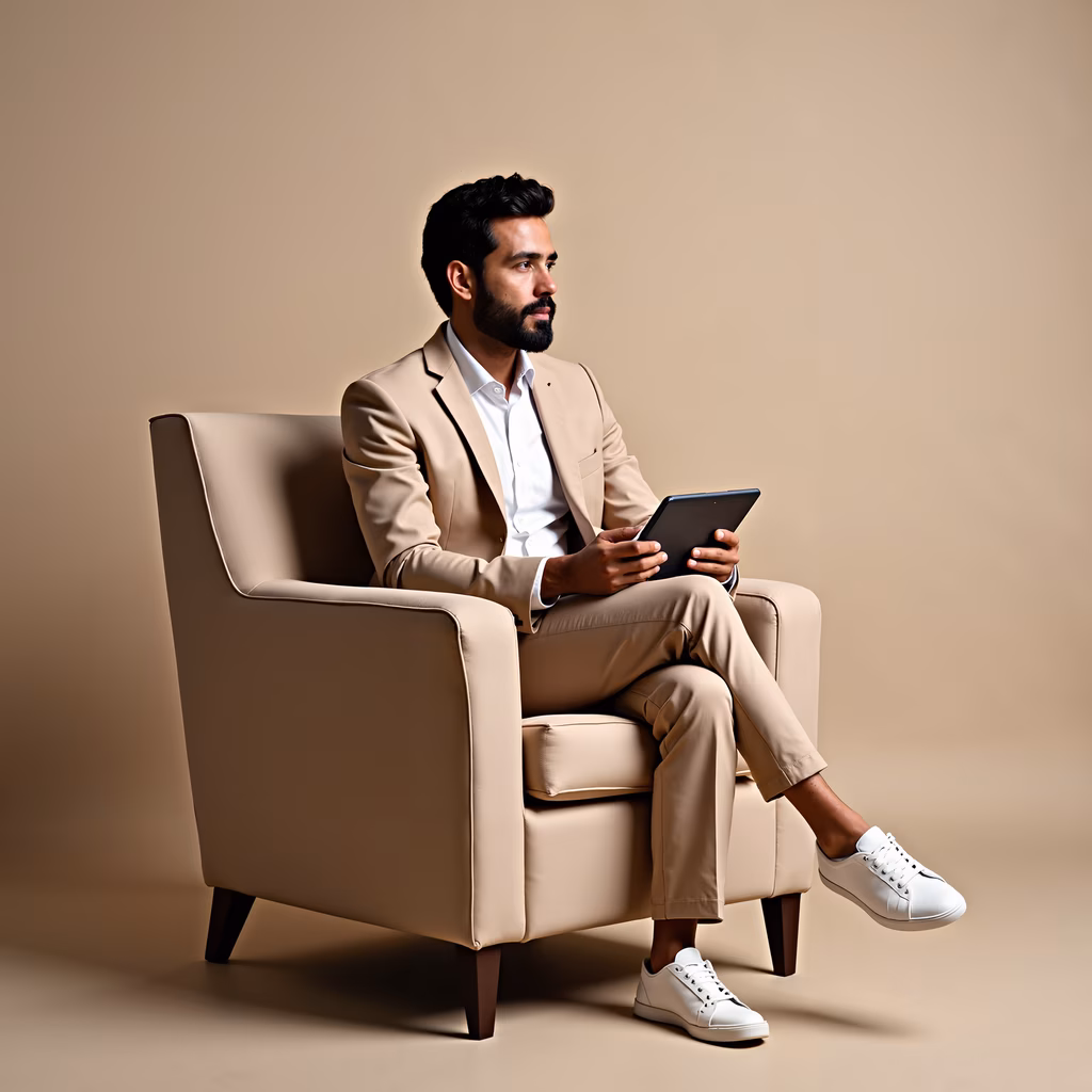 Casual sophistication in neutral tones, portrait of a man relaxing with a tablet.