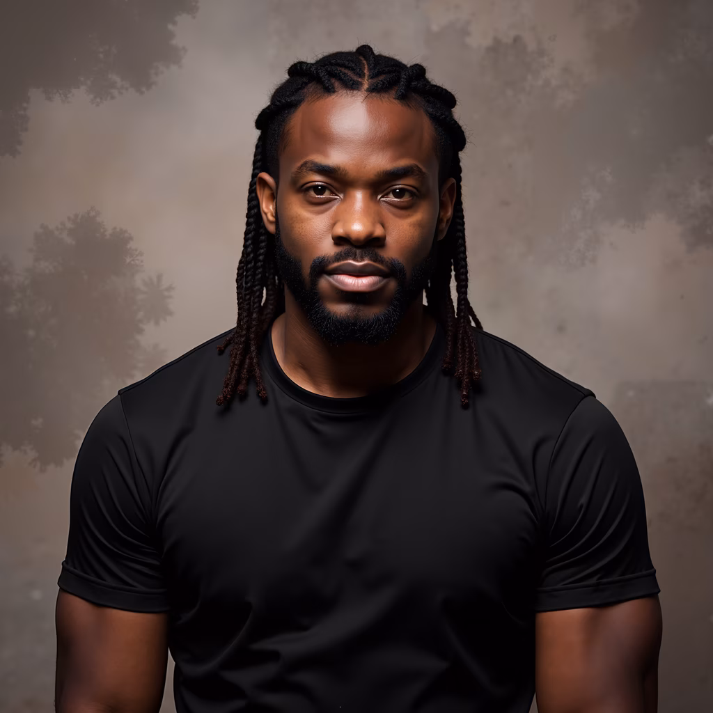 Close-up portrait of a man with braids against a textured background, evoking a sense of calm and introspection.