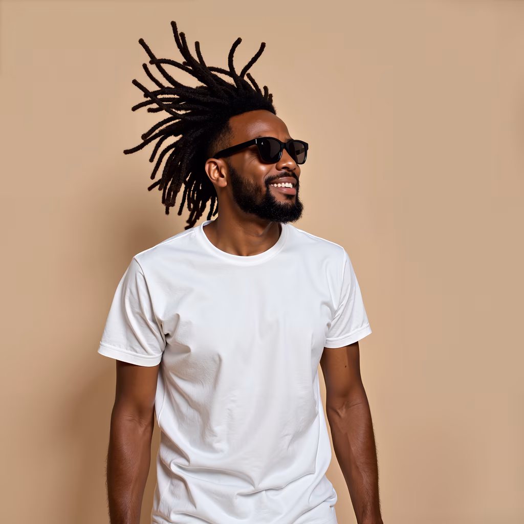 Confident man with dreadlocks in a white T-shirt and sunglasses against a beige backdrop.