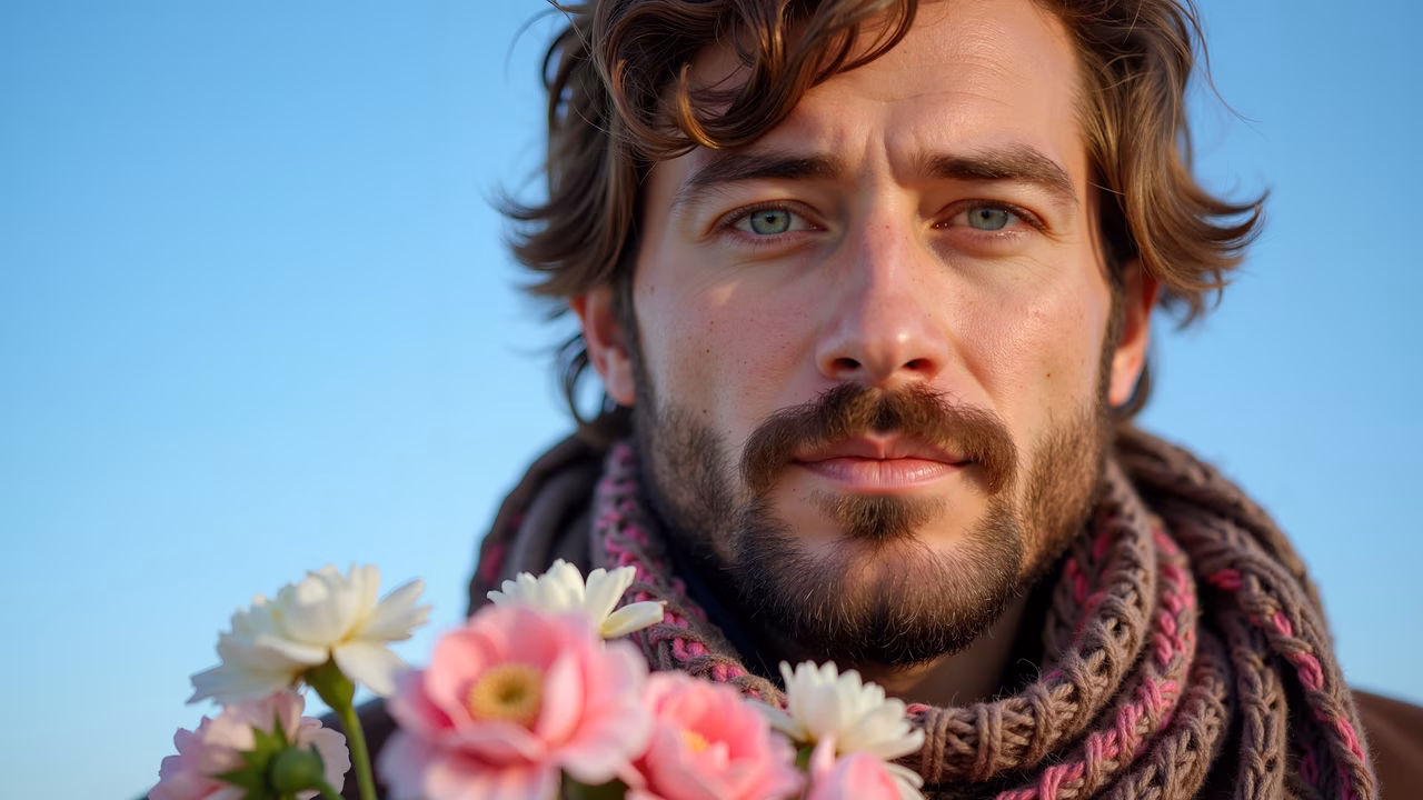 Close-up portrait of a bearded man with flowers, set against a clear blue sky.