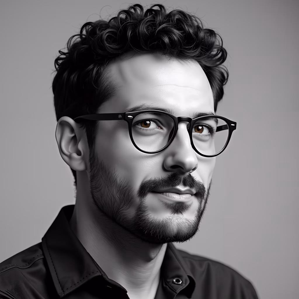 Monochrome portrait of a man with glasses, showcasing sophistication and intelligence.