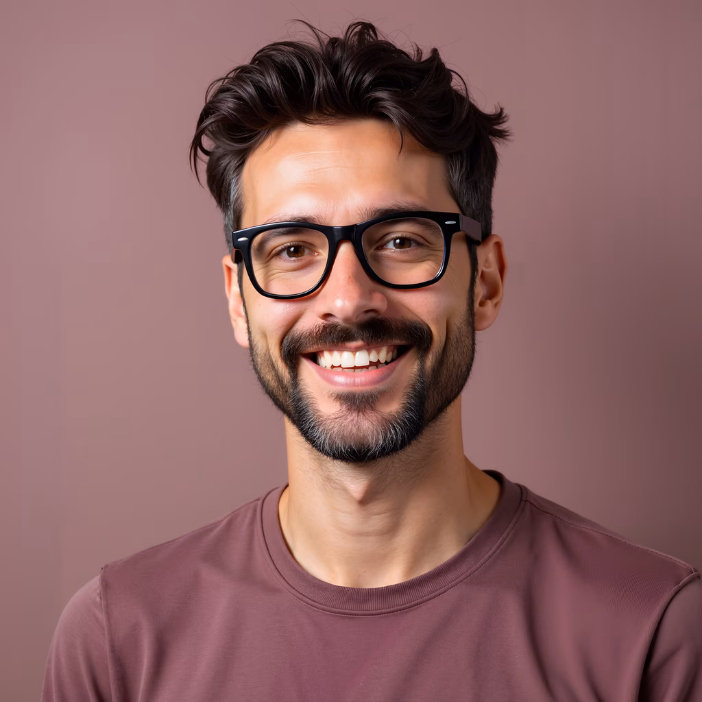 Close-up portrait of a smiling man with glasses against a soft pink background.