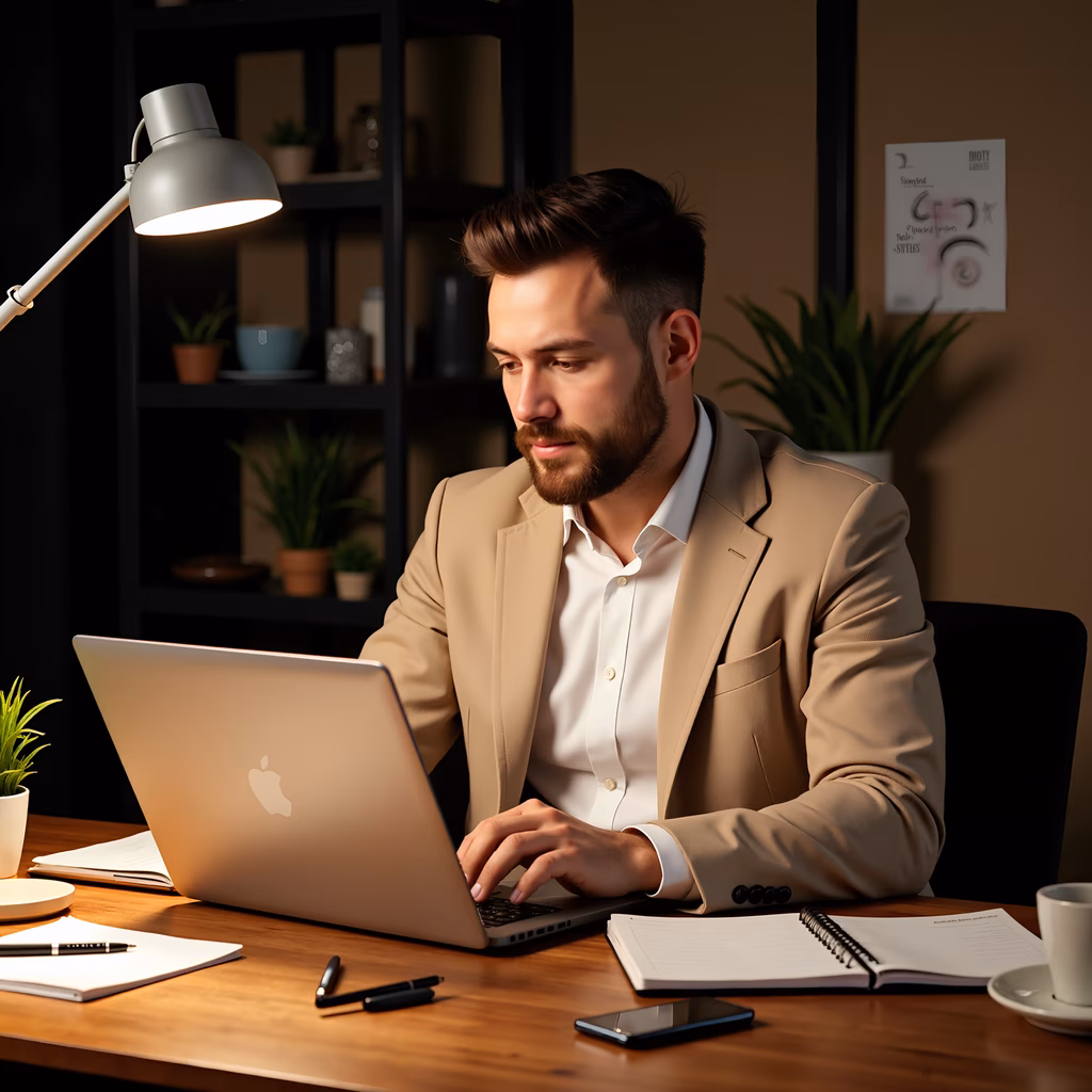 Focused individual working in a cozy office setting.