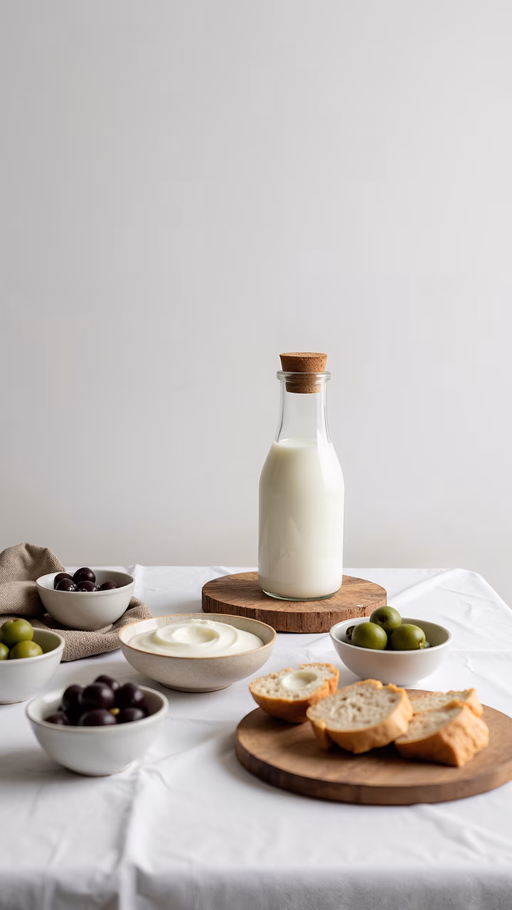 Minimalist food photography featuring milk, bread, and olives.