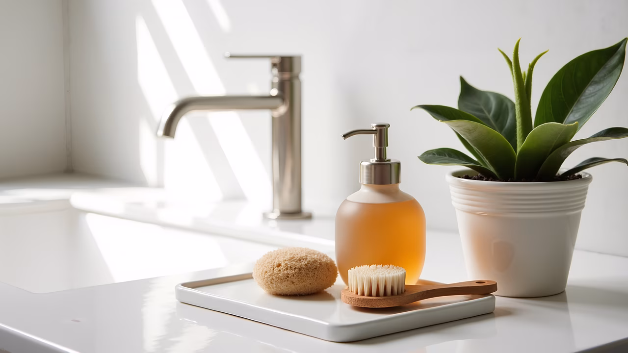 Minimalist bathroom accessories in a serene setting with natural light.