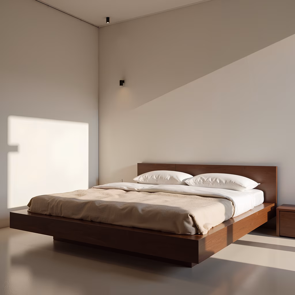 Modern minimalist bedroom with natural light and clean design.