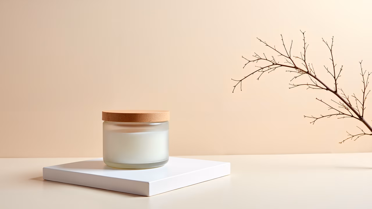 A minimalist candle illustration with a frosted glass candle and a wooden lid, set against a soft beige background.