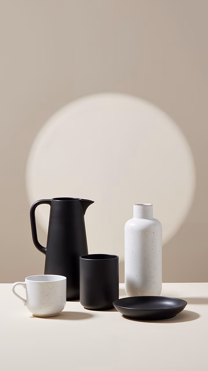 A serene minimalistic still life featuring ceramics in black and white tones.