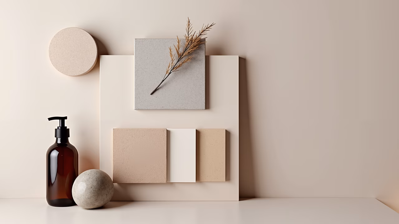 A serene minimalist composition with geometric shapes and natural elements in neutral tones.