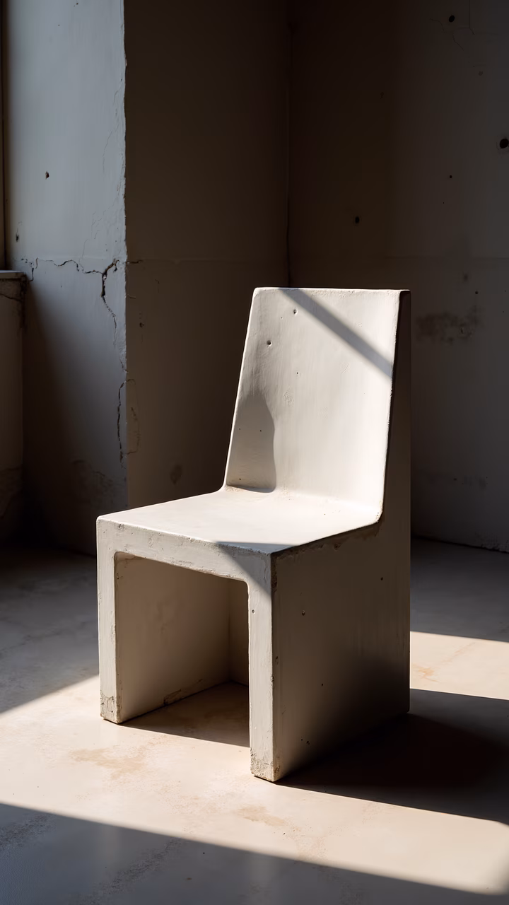 Minimalist concrete chair in a shadowed interior space, evoking a sense of solitude and contemplation.