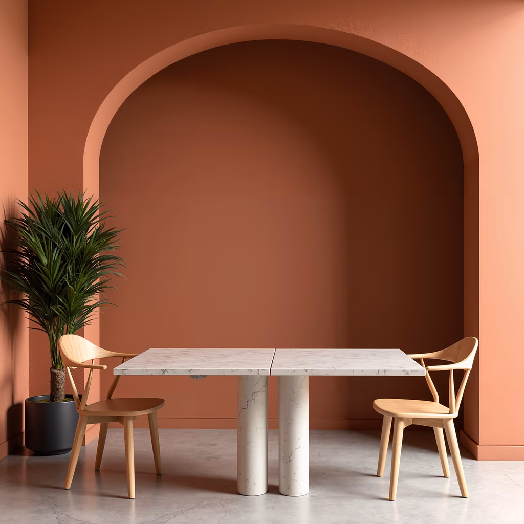 Modern minimalist dining setup with marble table and wooden chairs in a terracotta room.