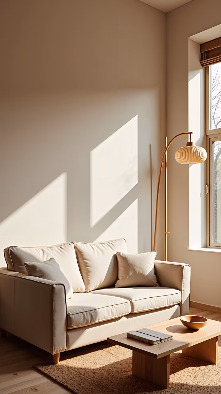 A minimalist living room with beige tones and soft natural light.