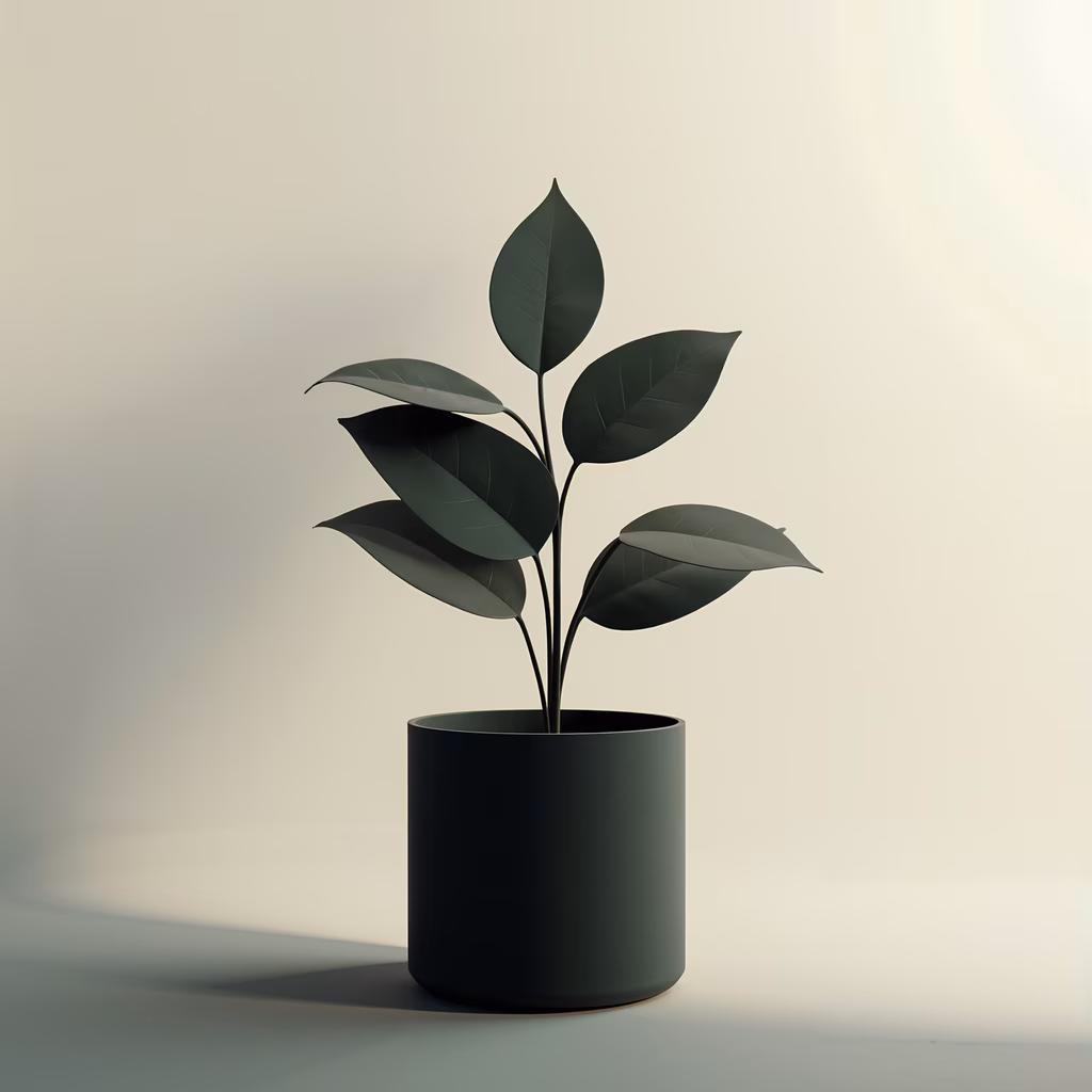 A minimalist illustration of a plant with dark green leaves in a sleek black pot, set against a soft neutral background.