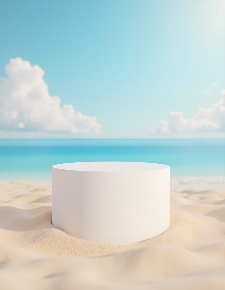 Minimalist podium on sandy beach, serene ocean, tranquil atmosphere.