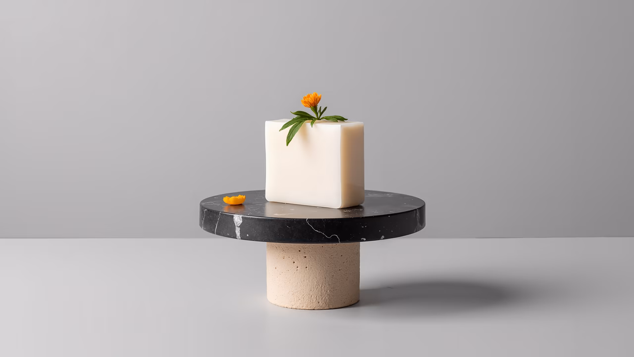 Minimalist soap display on a black marble pedestal with a beige base, featuring a single vibrant flower.