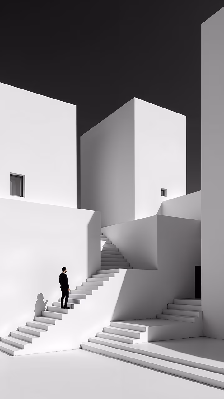 Monochrome minimalism showcasing architectural precision and dramatic lighting.