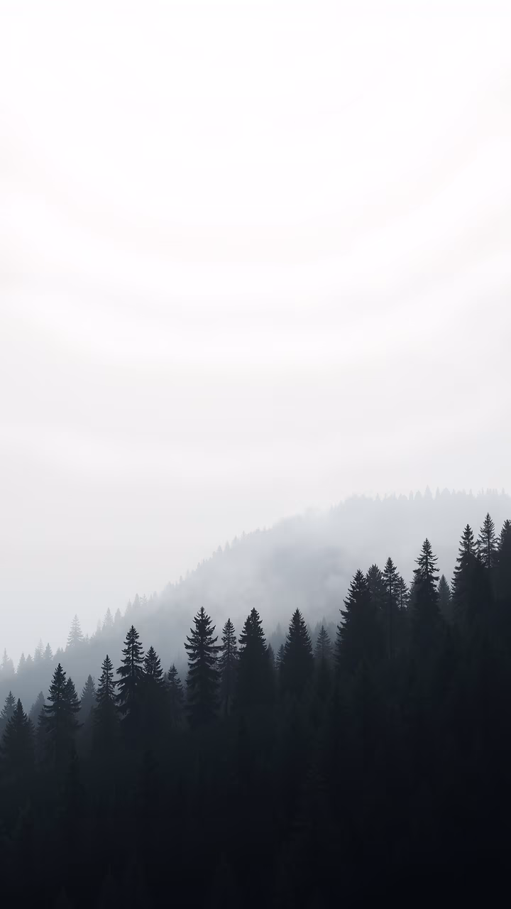 Misty forest scene with dense coniferous trees and soft diffused light.