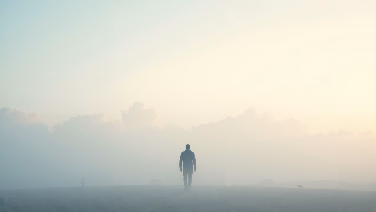 Solitary figure navigating a misty, introspective landscape.
