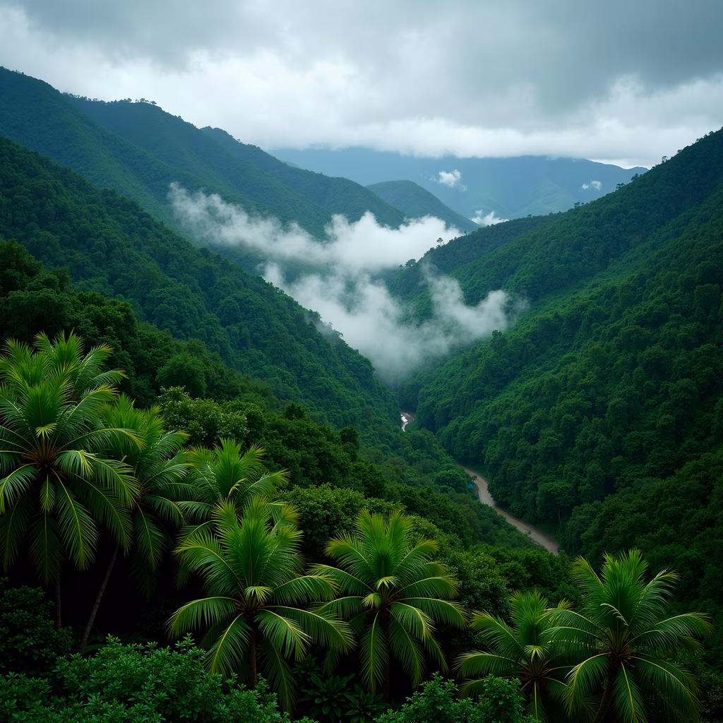 A misty jungle valley with lush greenery and a winding river.