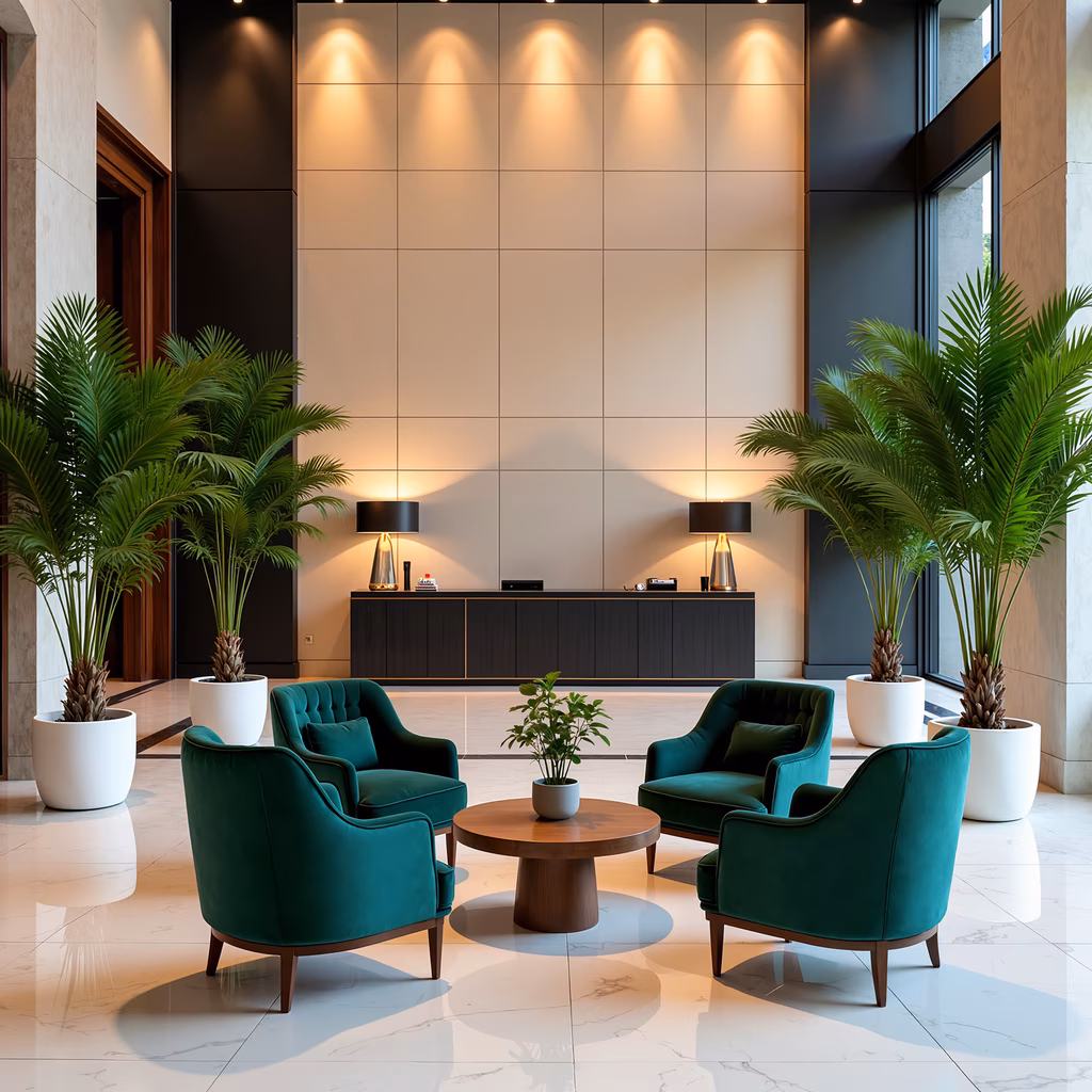 Elegant modern lobby with teal chairs and palm plants.