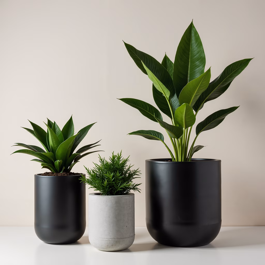 Minimalist plant arrangement with modern pots and soft lighting.