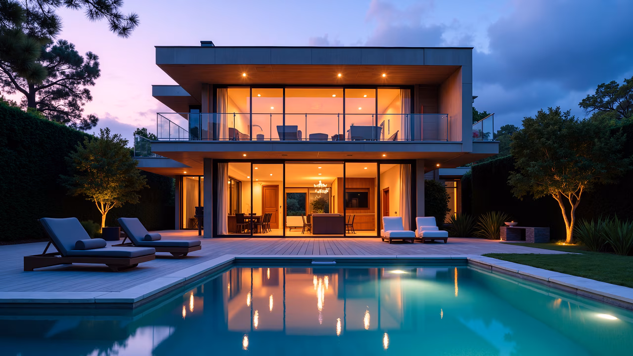 Modern villa illuminated by evening lights, reflecting tranquility and luxury.