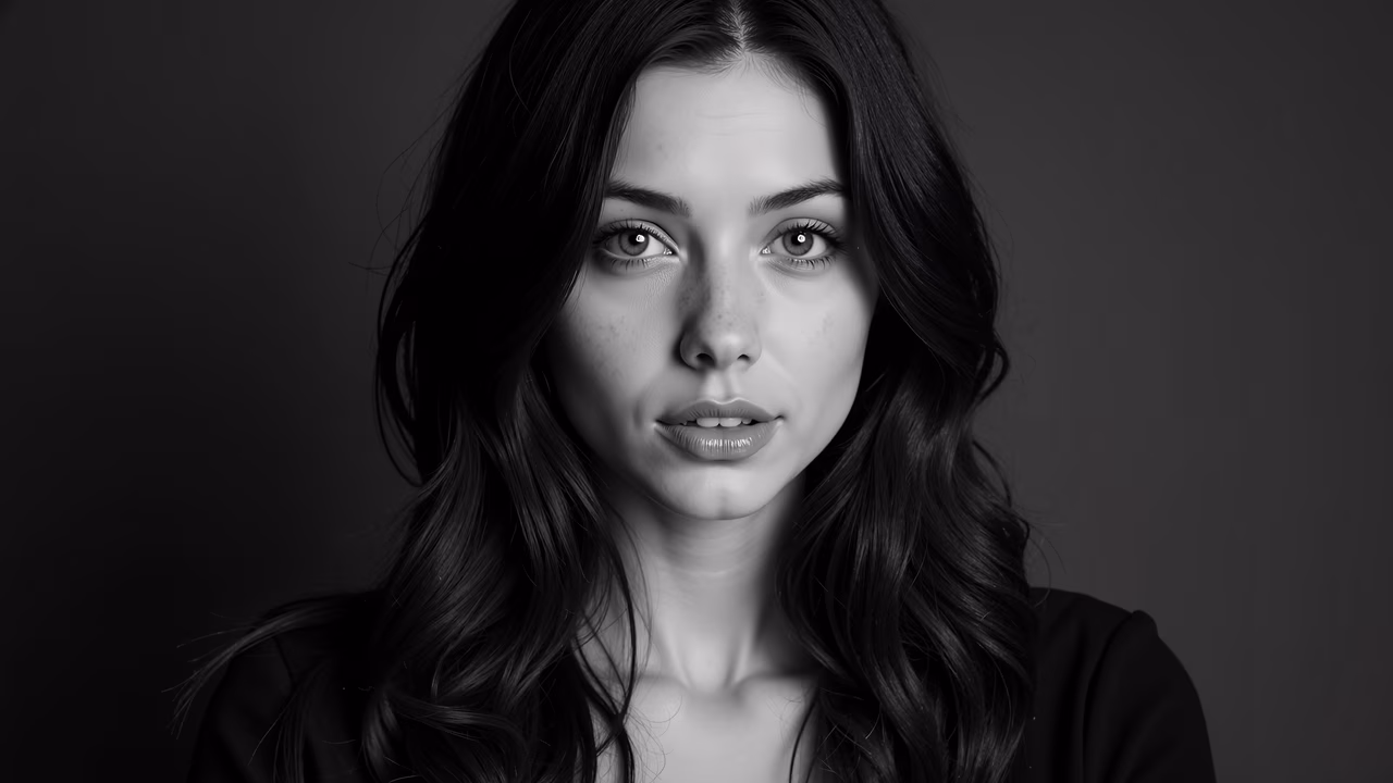A striking black-and-white portrait with soft lighting and a gradient background.