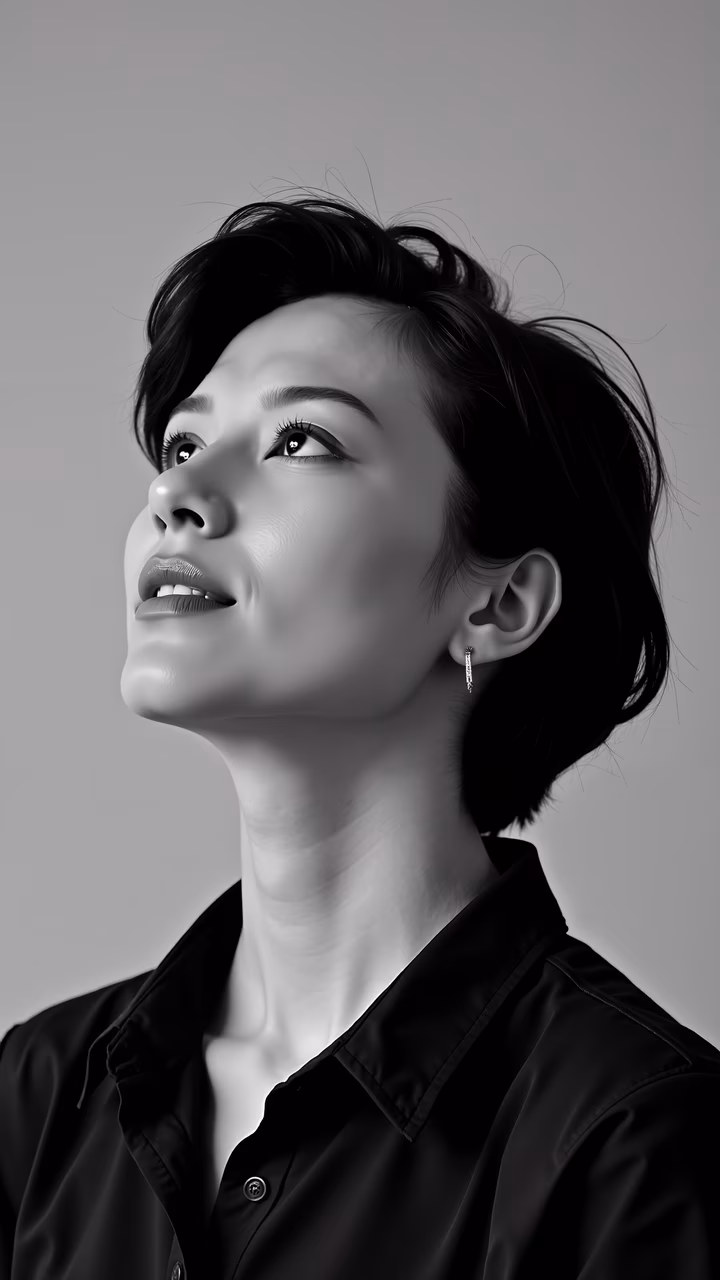 A contemplative black-and-white portrait of a person gazing upwards.
