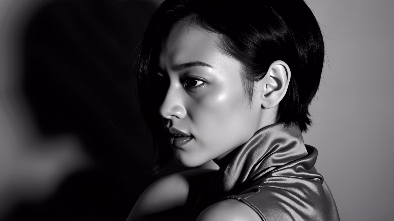 A striking black-and-white portrait focusing on expressive eyes and a sleek leather-like top.