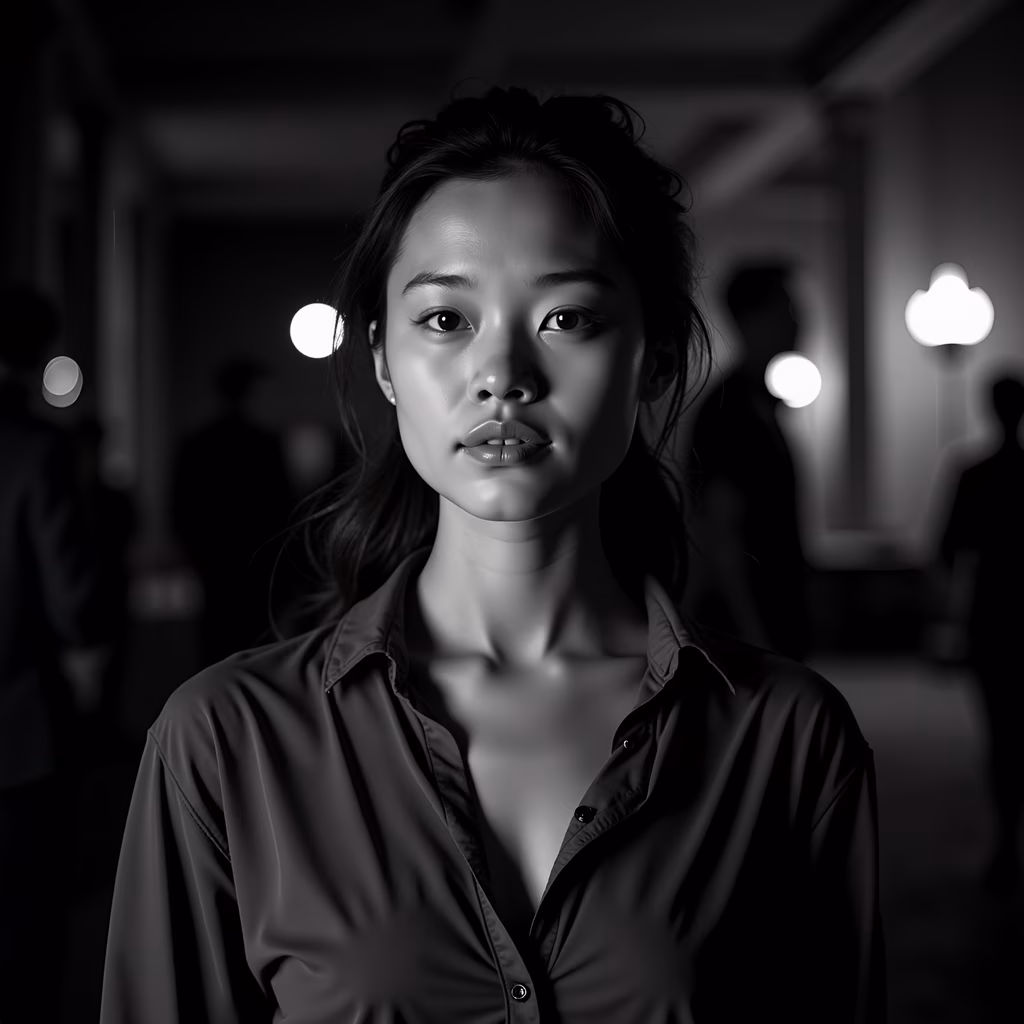 A striking black-and-white portrait with a direct gaze and bokeh lights in the background.