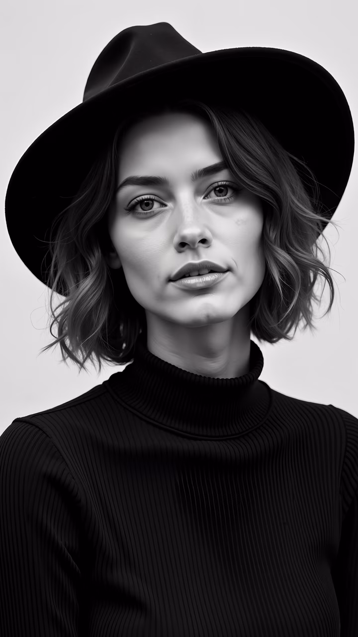 Monochrome portrait of a stylish individual in a hat and sweater, emphasizing texture and contrast.