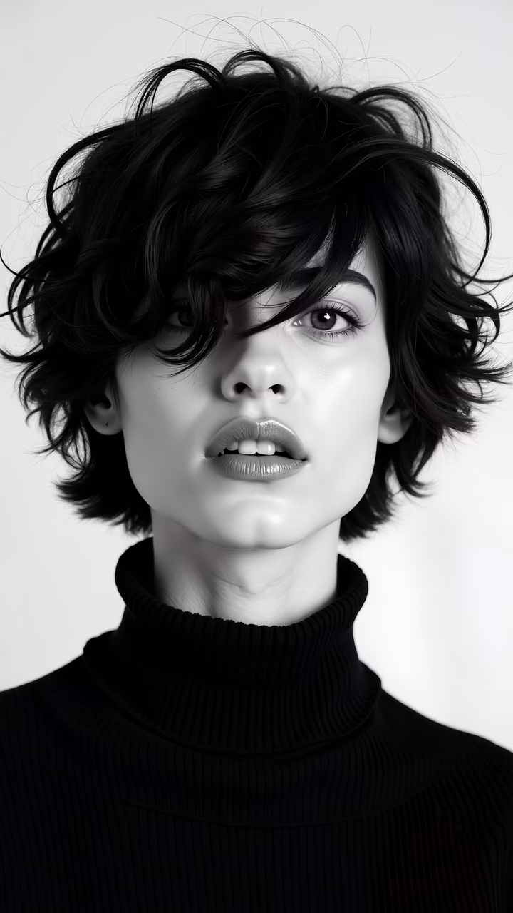 High-contrast black-and-white portrait of a model with tousled hair and a textured sweater.