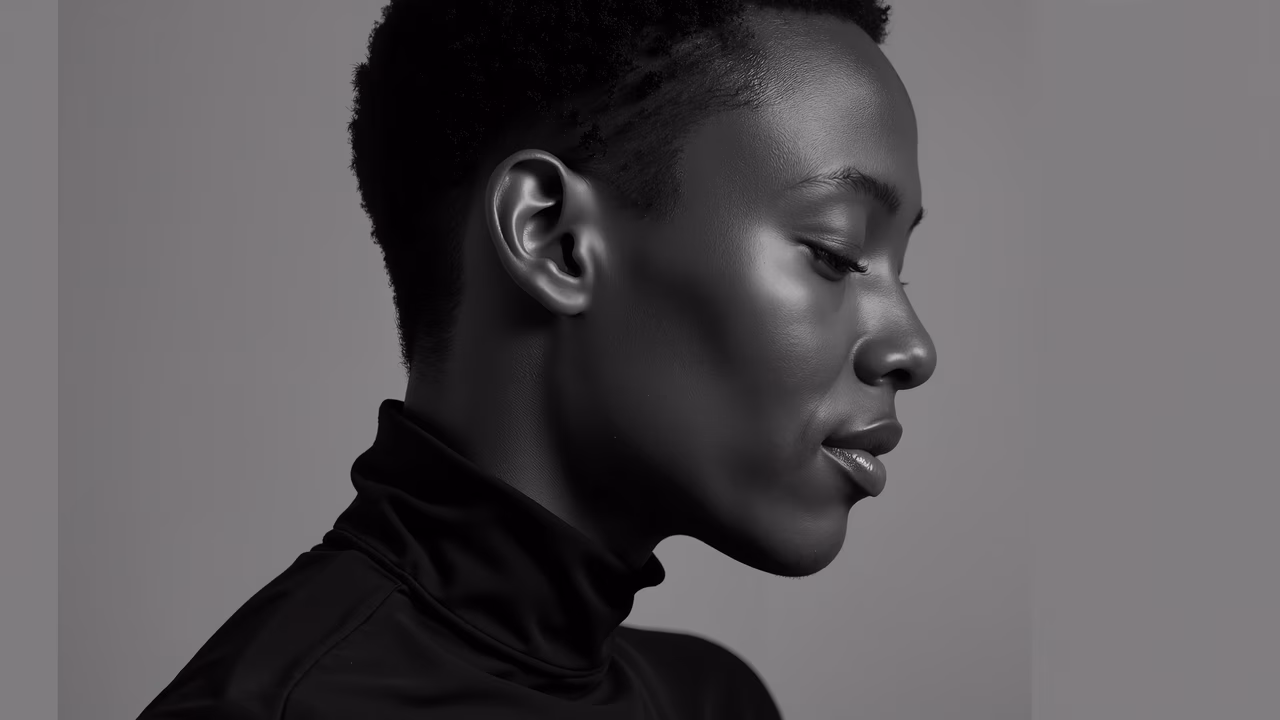 Monochrome portrait of a side profile, emphasizing elegance and sophistication.