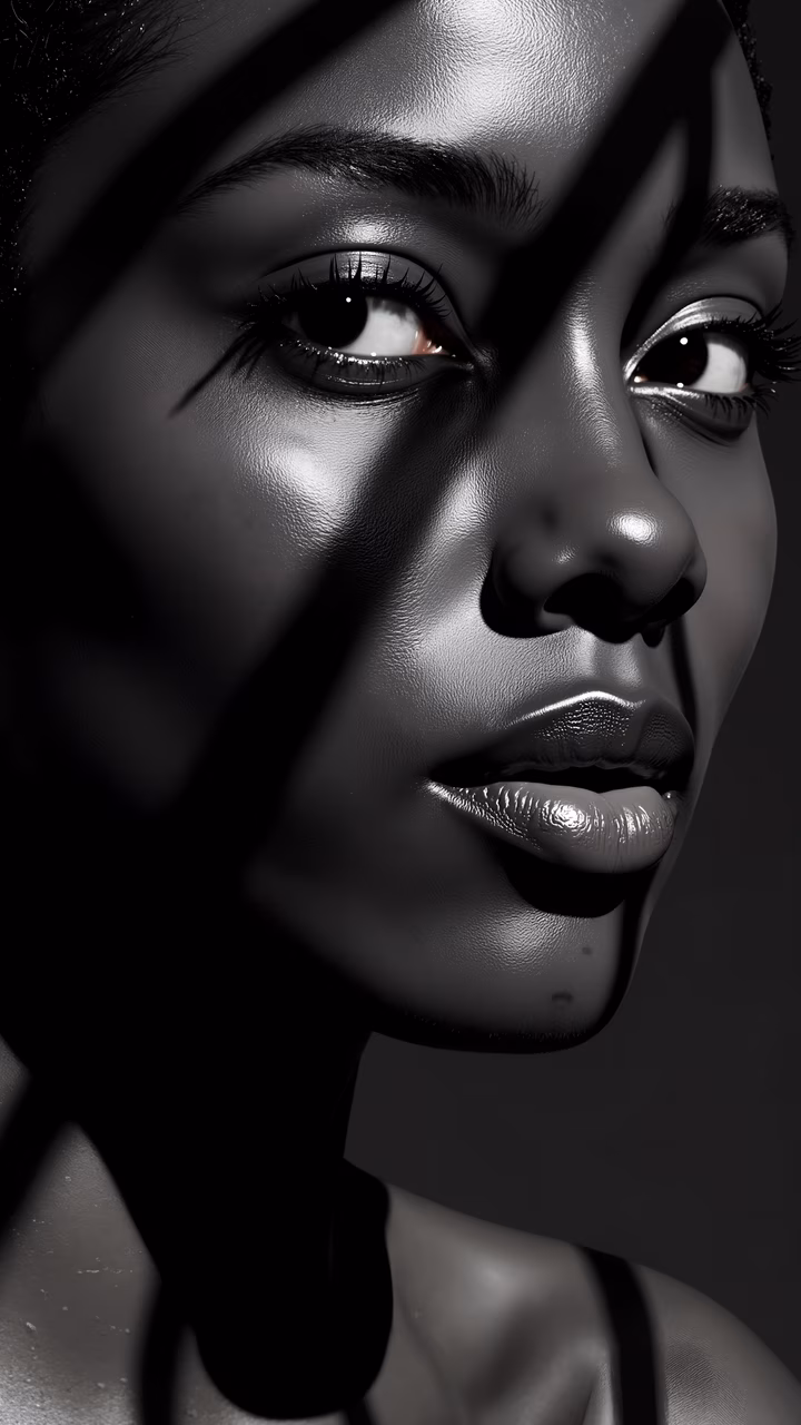 Monochrome Shadows - A dramatic black-and-white portrait with intense eyes and intricate details.