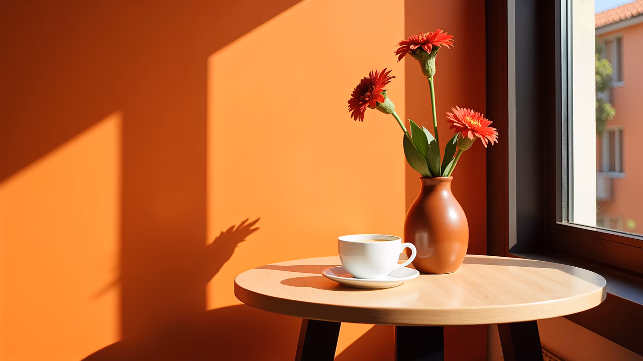 Morning coffee and gerberas in a warm, inviting setting.