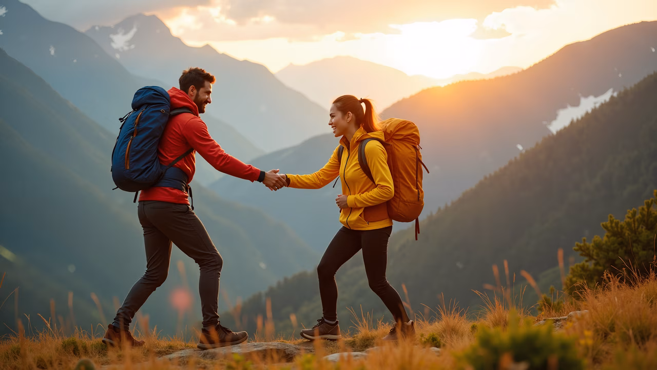 Two hikers share a handshake at sunset, symbolizing friendship and achievement in nature.