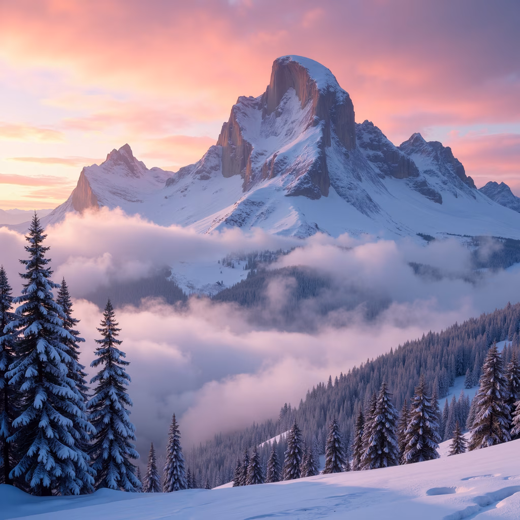 Snowy mountain peaks illuminated by a colorful sky, serene winter landscape